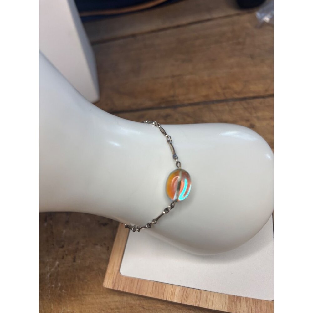 Iridescent Beaded Sterling Silver Bracelet With Oval Glass Accent & Lobster Clas